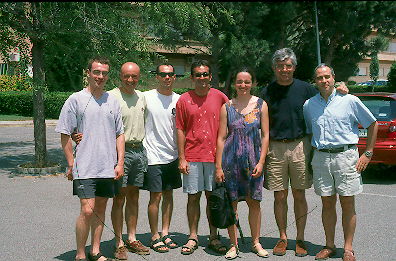 Gabriel Portí, Dr. Joaquim de Marimon, eu, Dr. Josep Invernó, Dra. Cristina López, Dr. Francisco Lagardera (Paco), Dr. Pere Lavega - INEFC Lleida, verão 2001