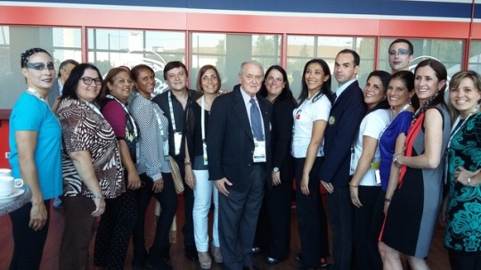 Representantes da União Panamericana de Ginástica com o Presidente da FIG Prof. Bruno Grandi em Helsinque, jul. 2015.